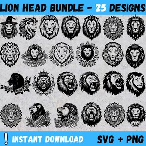 25 ライオン ヘッド PNG & SVG バンドル、ライオン ヘッド SVG シルエット昇華、ライオン ヘッド透明 png 昇華クリップアート、ライオン Cricut svg