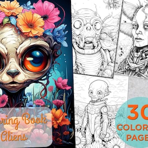 30 Aliens Coloring Pages, Adults Printable Grayscale Coloring Book with Aliens, PDF Alien Digital Coloring Book Pages for Adults