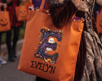 Personalized Halloween Tote Bag, Custom Initial and Name Trick or Treat Bag, Witch Pumpkin Tote