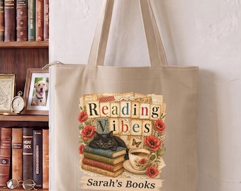 Custom Reading Vibes Corduroy Tote Bag, Personalized Black Cat Book Purse, Vintage Library Shopper, Floral Bookish Teacher Gift