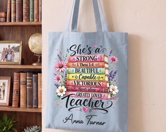 Custom Christian Teacher Canvas Tote, Personalized Bible Verse Book Bag, Floral Stack Of Books Purse, Teacher Appreciation
