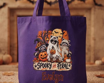 Personalized Raccoon Halloween Tote Bag, Custom Name Trick or Treat Bag, Spooky Raccoon Candy Bag
