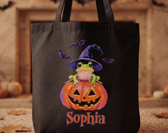 Personalized Halloween Frog Tote Bag, Custom Name Trick or Treat Bag, Pumpkin Witch Kids Candy Bag