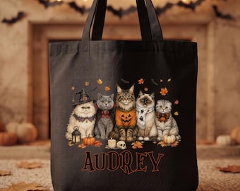 Personalized Halloween Cat Tote Bag, Custom Name Trick or Treat Bag, Spooky Cat Candy Bag for Kids
