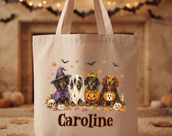 Personalized Halloween Dachshund Tote Bag, Custom Name Trick or Treat Bag, Wiener Dog Halloween Candy Bag