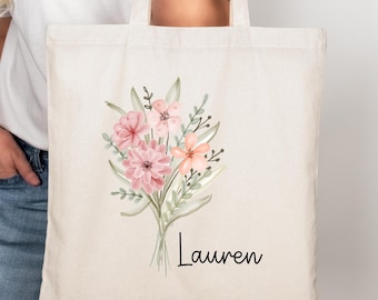 Custom Floral Canvas Tote with Name, Personalized Gifts for Her, Mothers Day Gifts, Cute Shopping Bag, Colorful Daily Totes, Women Bag