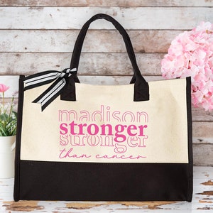 Stronger Than Cancer Tote Bag, Cancer Fighter Tote, Custom Name Canvas Tote Bag, Pink Ribbon Tote, Cancer Survivor Tote Bag, Cancer Warrior