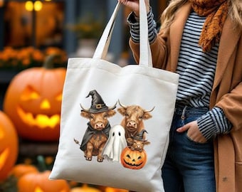 Highland Cow Halloween Tote Bag, Spooky Cow Trio, Cute Farmhouse Fall Bag, Autumn Market Tote, Cow Lover Gift, Trick or Treat