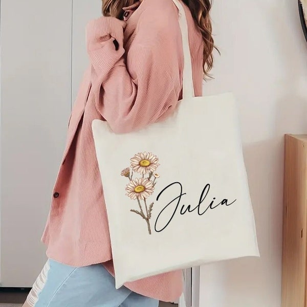 Cute Floral Tote with Name, Personalized Birth Flower Tote Bag, Mothers Day Gifts, Custom Shoulder Tote, Eco Friendly Colorful Tote Bag