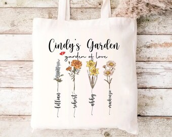 Floral Tote Bag with Kids and Grandkids Name, Mothers Day Gifts for Her, Mom and Grandma Tote, Unique Shopping Bag, Personalized Canvas Tote