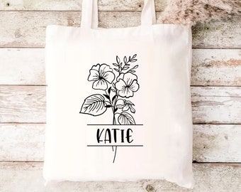 Birth Flower Month Tote with Name, Personalized Floral Tote, Custom Name Tote Bag, Mothers Day Gifts Her, Reusable Daily Tote, Canvas Tote