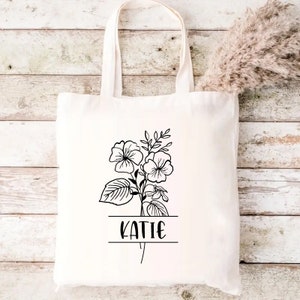 Birth Flower Month Tote with Name, Personalized Floral Tote, Custom Name Tote Bag, Mothers Day Gifts Her, Reusable Daily Tote, Canvas Tote