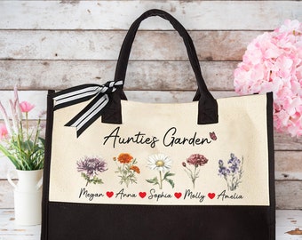Personalized Mother's Day Gift for Auntie, Floral Aunt and Niece Tote Bag, Auntie's Garden Canvas Tote Bag, Custom Birth Flower Canvas Tote