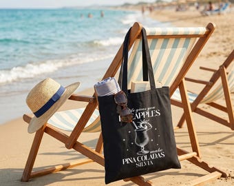 Pina Colada Canvas Tote Bag, Custom Tropical Summer Purse, Personalized Beach Vacation Favor, Girls Trip Cocktail Shopper Bag