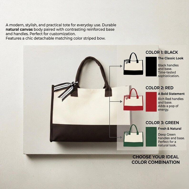 Pu&ograve; includere: Una borsa tote in tela con base e manici a contrasto, con un fiocco a righe staccabile. Disponibile in nero, rosso o verde, con manici e base abbinati.