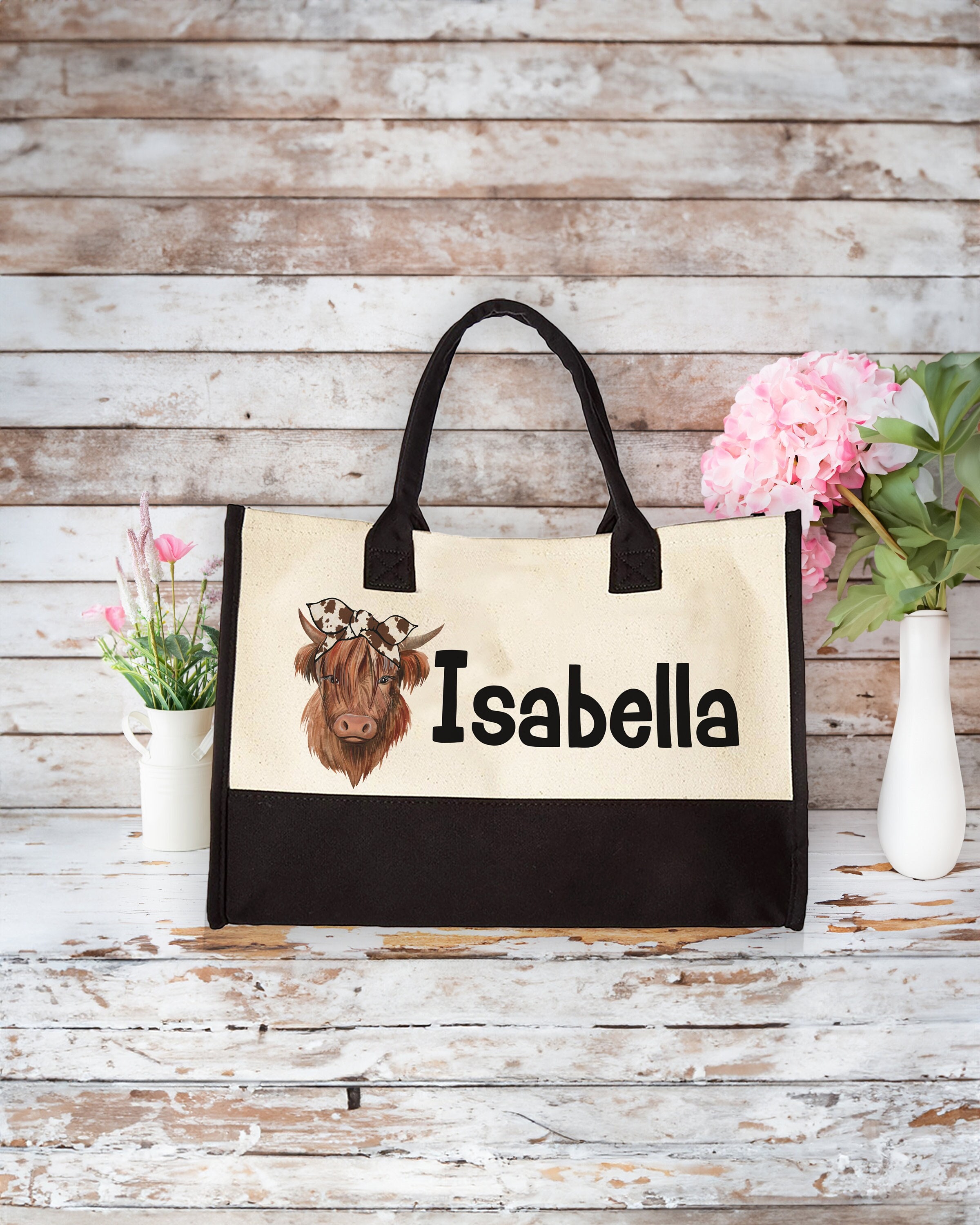 Personalized Highland Cow Tote Bag, Jute Tote Bag, Highland Cow Gifts, Gift For Mothers Day, Name Tote Bag, Reusable Tote Bag, Shoulder Bag