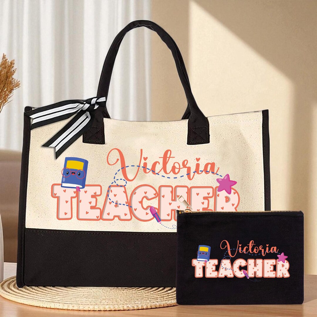 Personalized Teacher Tote Bag and Makeup Pouch Set, Custom Name Teacher ...