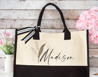 Custom Floral Tote Bag, Mothers Day Gifts for Her, Girls Trip Gifts, Bridal Party Gift, Personalized Birth Flower Tote Bag, Woman Daily Tote