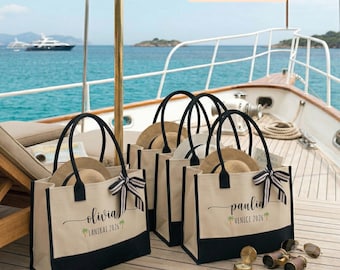 Custom Name Summer Trip Tote, Personalized Beach Holiday Bag, Girls Trip Destination Canvas Bag, Beach Bag with Ribbon, Girls Trip Gift