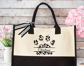 Custom Leopard Paw Print Bag, Personalized Tote Bag, Mothers Day Gifts, Gift For Her, Dog Mom Tote Bag, Gift For Dog Owner, Name Tote Bag