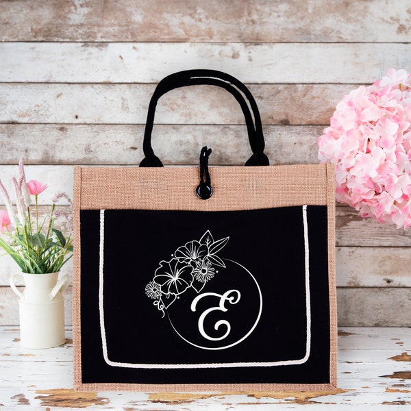 Custom Initial Tote, Floral Jute Tote, Personalized Birth Flower Tote Bag, Mothers Day Gifts for Her, Unique Letter Tote, Flower Wreath Tote