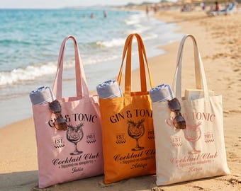 Custom Gin And Tonic Tote Bag, Personalized Cocktail Club Canvas, Birthday Party Favor, Classic Drink Purse, Girls Trip Shopper