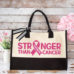 Stronger Than Cancer Tote Bag, Custom Name Canvas Tote Bag, Personalized Jute Bag, Pink Ribbon Tote, Cancer Fighter Tote, Cancer Survivor