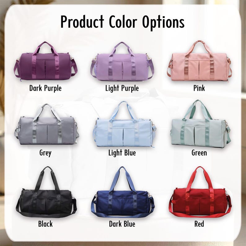 May include: Nine duffel bags are shown in a range of colours: dark purple, light purple, pink, grey, light blue, green, black, dark blue, and red. Each bag has a rectangular shape with handles and a shoulder strap. The text "Product Color Options" is at the top.