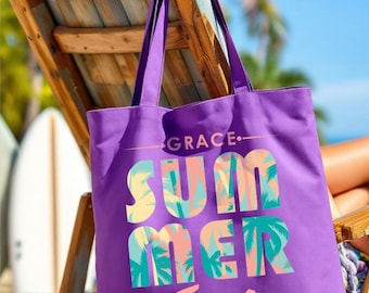 Personalized Summer Time Tote Bag, Custom Name Tropical Canvas Bag, Colorful Palm Beach Gift, Vacation Vibes Reusable Tote, Travel Tote Bag