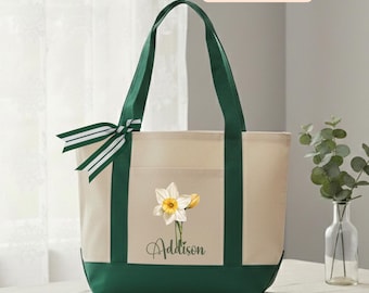 Personalized Watercolor Birth Flower Tote Bag, Custom Name Month Floral Gift, Heavy Duty Canvas Shopper with Pocket, Birthday Gift