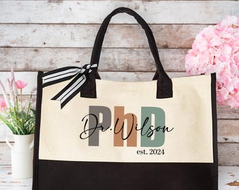 Personalized PhD Tote Bag, Custom Doctorate Gift, PhD Gift for Her with Name, New Doctor Gift, Doctor of Philosophy Canvas Tote Bag