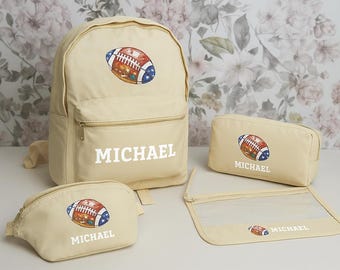 Personalized Football Backpack Set for Boys, Custom Name School Bag, Pencil Case, Waist Pack, Clear Pouch, Back to School Gift Idea