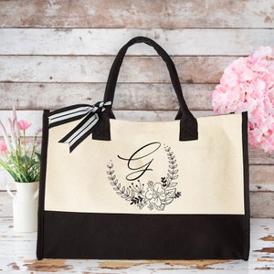 Floral Initial Canvas Bag