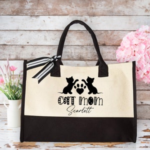 Kitty Mom Tote Bag, Custom Name Cat Mom Bag, Gift For Cat Owner, Gift For Mothers Day, Cat Lovers Gift, Reusable Hand Bag, Canvas Tote Bag