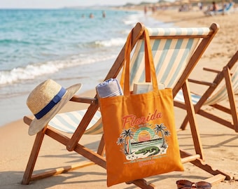 Custom Florida Beach Vacation Tote Bag, Personalized Sunshine State Canvas Purse, Vintage Alligator Girls Trip Weekend Shopper