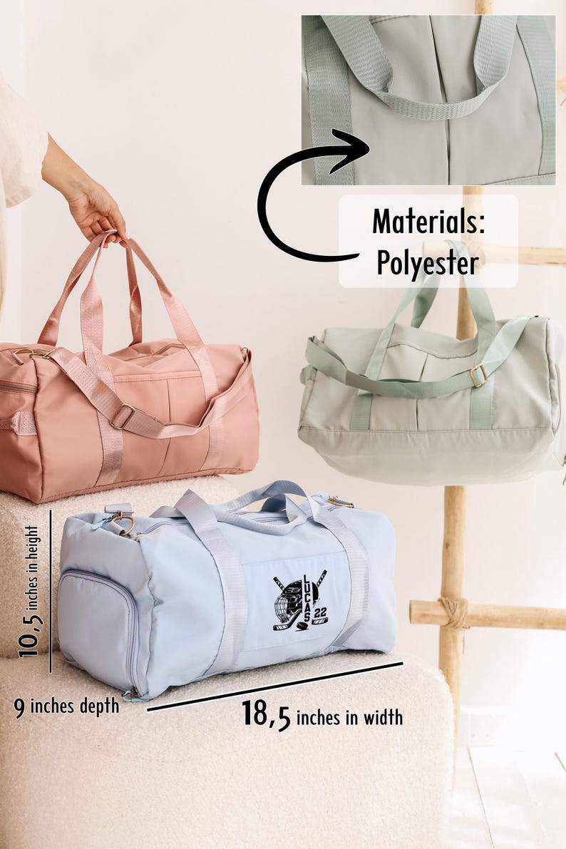 May include: Three duffel bags, one pink, one light blue, and one light green. The light blue bag has a hockey-themed design with the text "LUCAS 22". The bags are 10.5 inches high, 9 inches deep, and 18.5 inches wide. The bags are made of polyester.