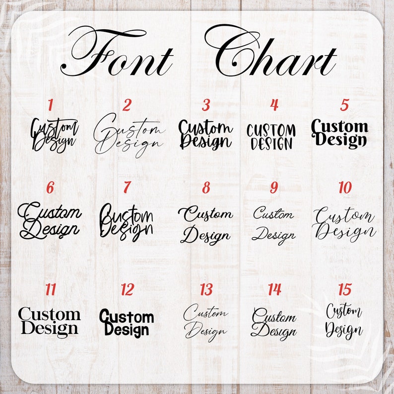May include: A chart displaying 15 different font styles for the text "Custom Design". The chart is numbered 1 through 15.