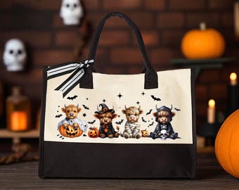 Highland Cow Halloween Tote Bag, Spooky Cow Crew with Pocket, Cute Farmhouse Fall Bag, Autumn Market Tote, Cow Lover Gift