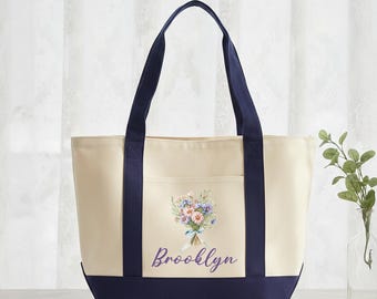 Personalized Gift for Mom, Colorful Birth Flower Bag, Grandma Garden Tote, Custom Name Birthday Gift, Teacher Appreciation Bag