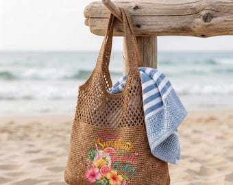 Personalized Tropical Drink Crochet Beach Bag, Custom Hibiscus Tote, Summer Vacation Mesh Purse, Girls Weekend Trip Travel Gift