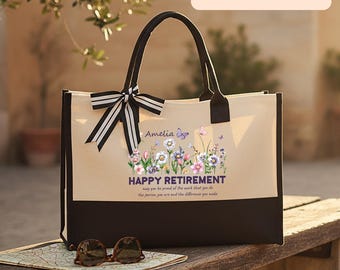 Personalized Happy Retirement Floral Tote Bag, Custom Name Flower Canvas Handbag, Bulk Discount Gift for Retired Women
