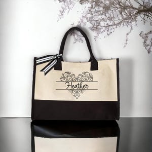 May include: A black and white canvas tote bag with a black heart design and the name "Heather" printed on it.