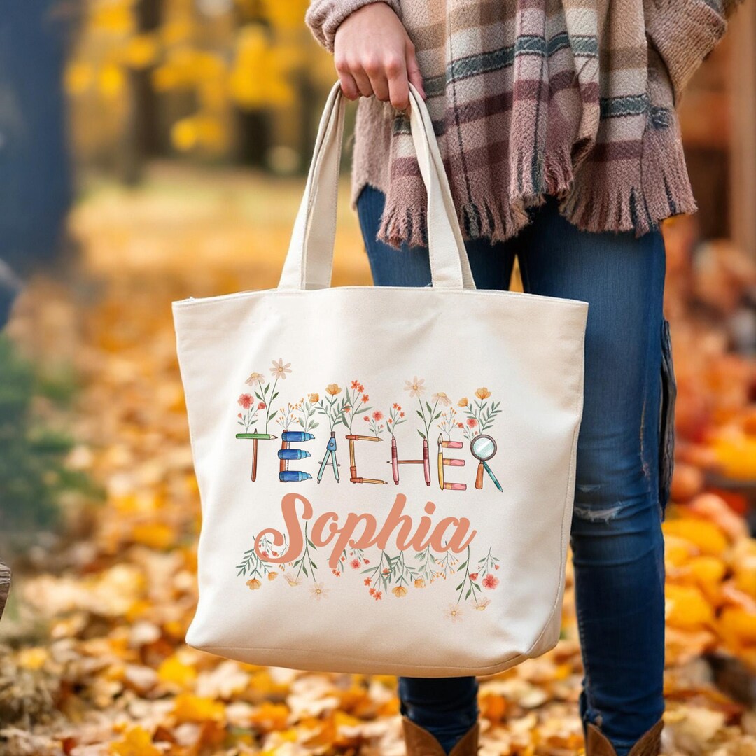 Custom Teacher Tote With Name, Floral Canvas Zippered Bag, Personalized ...