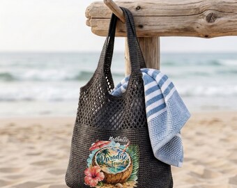Custom Paradise Found Crochet Beach Bag, Personalized Coconut Tropical Mesh Tote, Summer Vacation Purse, Honeymoon Travel Gift