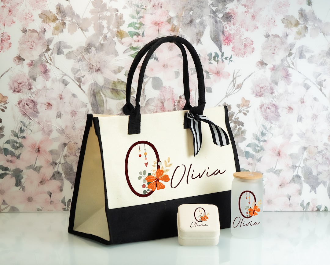 Colorful Initial and Name Gift Set, Canvas Name Tote, Vegan Square ...