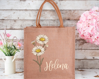 Custom Birth Flower Tote, Personalized Tote Bag, Daily Shoulder Tote, Bridesmaid Gifts, Gift For Her, Mothers Day Gift, Jute Floral Tote Bag