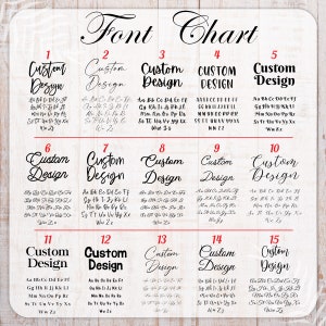 May include: A chart with 15 different font styles labeled "Custom Design" with the alphabet in each font style. The chart is on a white background with red borders around each font style.