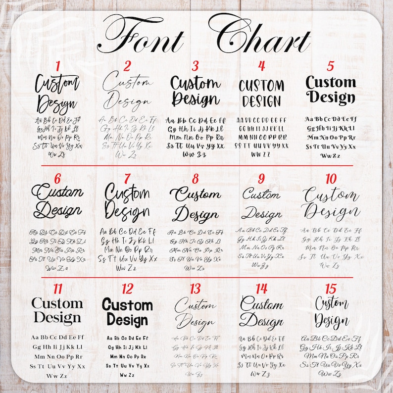 May include: A chart with 15 different font styles labeled "Custom Design" with the alphabet in each font style. The chart is on a white background with red borders around each font style.