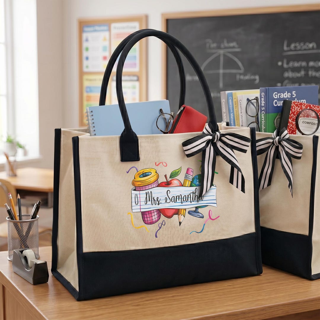 Personalized Teacher Name Tote Bag, Custom School Supplies Art Tote ...