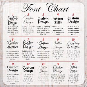 May include: A chart with 15 different font styles labeled "Custom Design" with the letters of the alphabet in each font style.